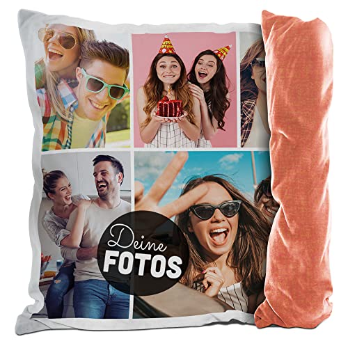 PR Print Royal Kissen mit Fotocollage selbst gestalten - mit 5 Fotos Personalisieren - Geschenk für Familie und Freunde | Rückseite Orange Gemustert, inkl. Kissenfüllung, 40x40cm von PR Print Royal