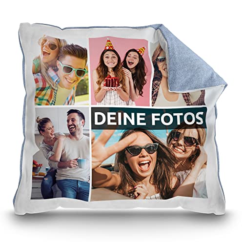 PR Print Royal Kissen mit Fotocollage selbst gestalten - mit 5 Fotos Personalisieren - Geschenk für Freunde und Familie | Rückseite Pastellblau, inkl. Kissenfüllung, 40x40cm von PR Print Royal