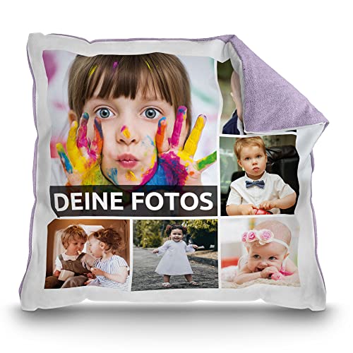 PR Print Royal Kissen mit Fotocollage selbst gestalten - mit 6 Fotos Personalisieren - Geschenk für Freunde und Familie | Rückseite Pastell-Flieder, inkl. Kissenfüllung, 40x40cm von PR Print Royal