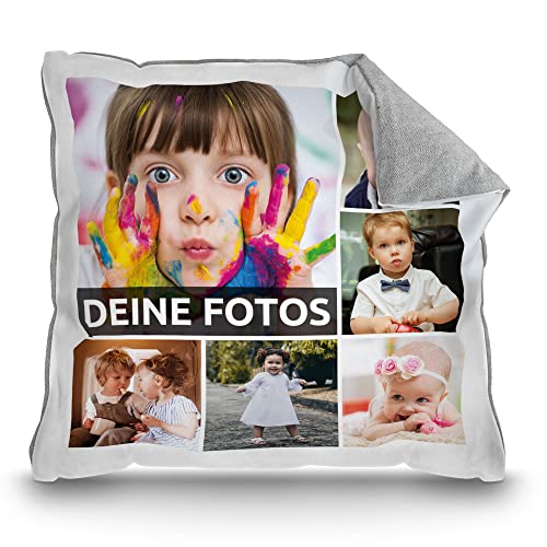 PR Print Royal Kissen mit Fotocollage selbst gestalten - mit 6 Fotos Personalisieren - Geschenk für Freunde und Familie | Rückseite Pastellgrau, inkl. Kissenfüllung, 40x40cm von PR Print Royal