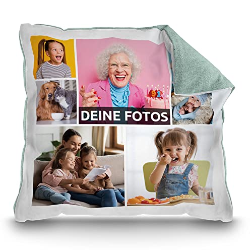 PR Print Royal Kissen mit Fotocollage selbst gestalten - mit 7 Fotos Personalisieren - Geschenk für Freunde und Familie | Rückseite Pastellgrün, inkl. Kissenfüllung, 40x40cm von PR Print Royal