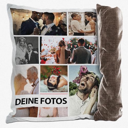 PR Print Royal Kissen mit Fotocollage selbst gestalten - mit 9 Fotos Personalisieren - Geschenk für Familie und Freunde | Rückseite Braun Gemustert, inkl. Kissenfüllung, 40x40cm von PR Print Royal