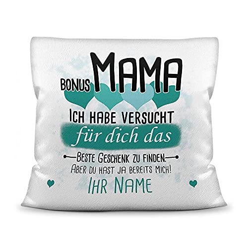 PR Print Royal Kissen mit Füllung Bonus Mama von einem Kind - Personalisiert mit Wunschname in Türkis - zum Geburtstag und Muttertag - Kissen Polyester weiß - flauschig, 40 x 40 cm von PR Print Royal