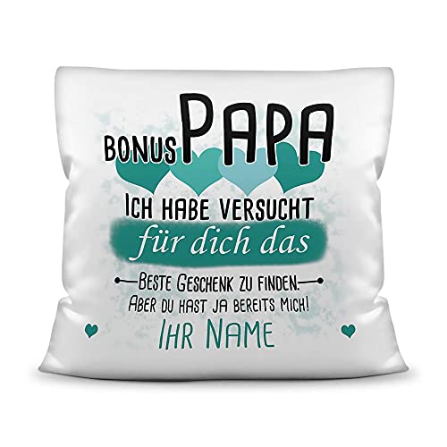 PR Print Royal Kissen mit Füllung Bonus Papa von einem Kind - Personalisiert mit Wunschname in Türkis - zum Geburtstag und Vatertag - Kissen Polyester weiß - glatt, 40 x 40 cm von PR Print Royal