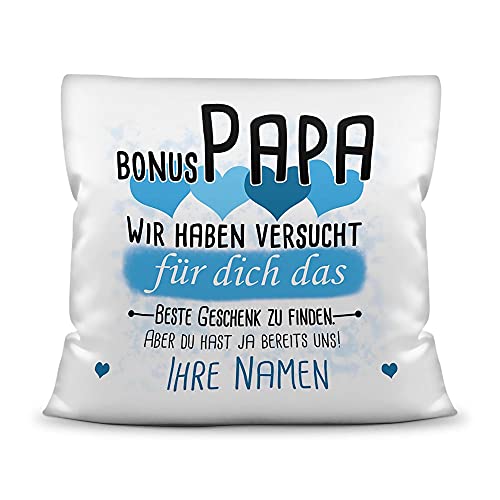 PR Print Royal Kissen mit Füllung Bonus Papa von mehr Kindern - Personalisiert mit Wunschnamen in Hellblau - zum Geburtstag und Vatertag - Kissen Polyester weiß - glatt, 40 x 40 cm von PR Print Royal