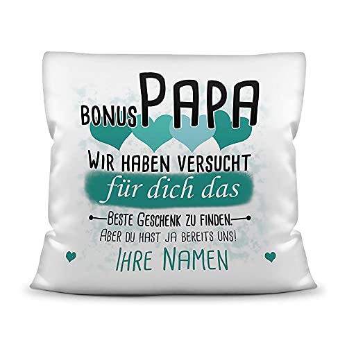 PR Print Royal Kissen mit Füllung Bonus Papa von mehr Kindern - Personalisiert mit Wunschnamen in Türkis - zum Geburtstag und Vatertag - Kissen Polyester weiß - glatt, 40 x 40 cm von PR Print Royal