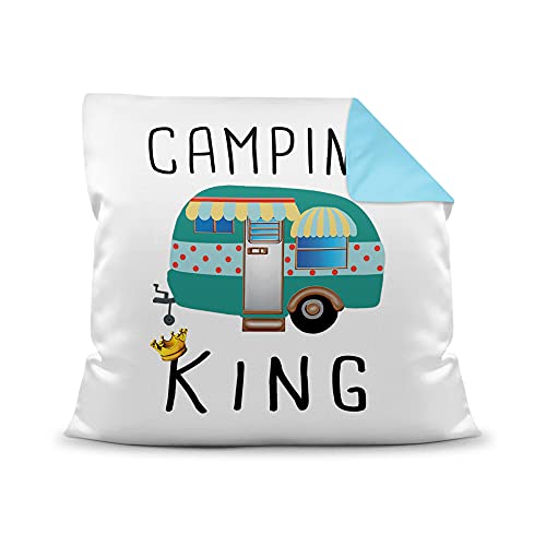 PR Print Royal Kissen mit Füllung - Camping King - Geschenk für Camper, Campingkissen, Geburtstagsgeschenk - Farbkissen Rückseite Hellblau, 40x40 cm von PR Print Royal