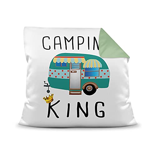 PR Print Royal Kissen mit Füllung - Camping King - Geschenk für Camper, Campingkissen, Geburtstagsgeschenk - Farbkissen Rückseite Seegrün, 40x40 cm von PR Print Royal