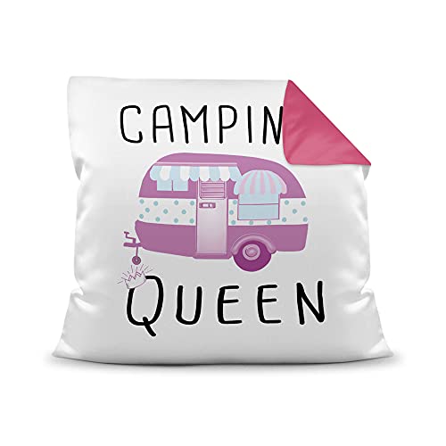 PR Print Royal Kissen mit Füllung - Camping Queen - Geschenk für Camper, Campingkissen, Geburtstagsgeschenk - Farbkissen Rückseite Pink, 40x40 cm von PR Print Royal