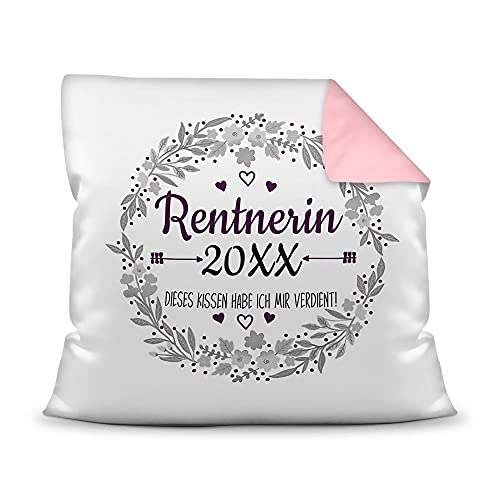 PR Print Royal Kissen mit Füllung - Dieses Kissen Habe ich Mir verdient - mit Jahreszahl Personalisieren - Geschenk für Frauen, Abschiedsgeschenk, Rente, Pension - Farbkissen Rückseite Rosa, 40x40 cm von PR Print Royal