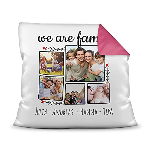 PR Print Royal Kissen mit Füllung - Fotocollage - We Are Family - Schöne Familiencollage mit fünf Fotos und Wunschnamen selbst gestalten - Farbkissen Rückseite Pink, 40 x 40 cm von PR Print Royal