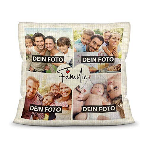 PR Print Royal Kissen mit Füllung - Fotocollage selbst gestalten mit Spruch - Familie - mit Vier eigenen Fotos - Geschenkidee Fotokissen Kissen Leinenoptik- Natur von PR Print Royal