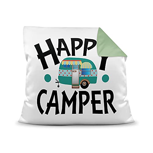 PR Print Royal Kissen mit Füllung - Happy Camper - Geschenk für Camper, Campingkissen, Geburtstagsgeschenk - Farbkissen Rückseite Seegrün, 40x40 cm von PR Print Royal