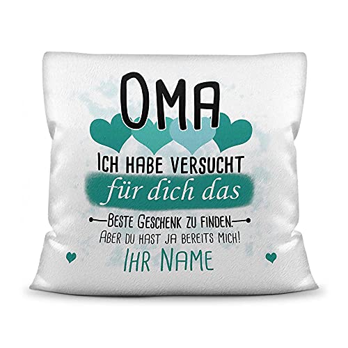 PR Print Royal Kissen mit Füllung Oma von einem Kind - Personalisiert mit Wunschname in Türkis - zum Geburtstag und Muttertag - Kissen Polyester weiß - flauschig, 40 x 40 cm von PR Print Royal