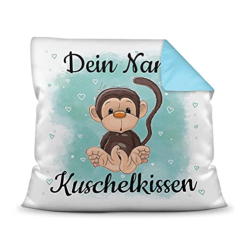 PR Print Royal Kissen mit Füllung für Kinder - Tiermotiv AFFE - für Mädchen und Jungs - mit Wunschname beschriften - AFFE - Farbkissen Rückseite Hellblau, 40 x 40 cm von PR Print Royal