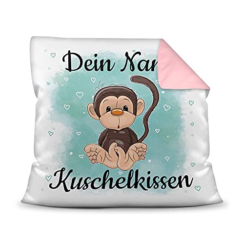 PR Print Royal Kissen mit Füllung für Kinder - Tiermotiv AFFE - für Mädchen und Jungs - mit Wunschname beschriften - AFFE - Farbkissen Rückseite Rosa, 40 x 40 cm von PR Print Royal