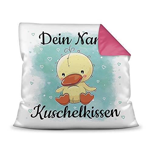 PR Print Royal Kissen mit Füllung für Kinder - Tiermotiv Ente - für Mädchen und Jungs - mit Wunschname beschriften - Ente - Farbkissen Rückseite Pink, 40 x 40 cm von PR Print Royal