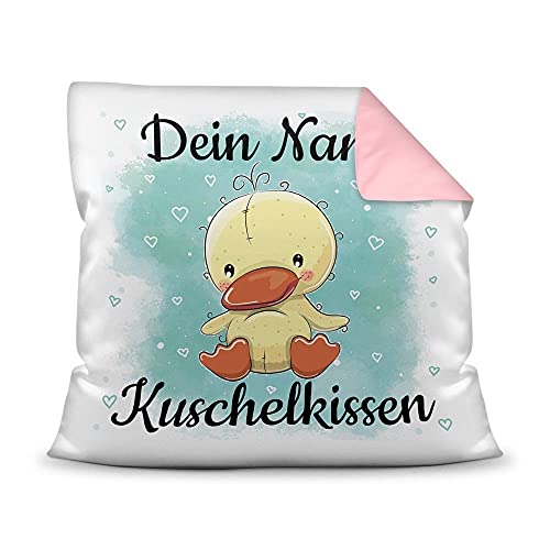 PR Print Royal Kissen mit Füllung für Kinder - Tiermotiv Ente - für Mädchen und Jungs - mit Wunschname beschriften - Ente - Farbkissen Rückseite Rosa, 40 x 40 cm von PR Print Royal