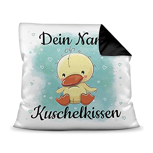 PR Print Royal Kissen mit Füllung für Kinder - Tiermotiv Ente - für Mädchen und Jungs - mit Wunschname beschriften - Ente - Farbkissen Rückseite Schwarz, 40 x 40 cm von PR Print Royal