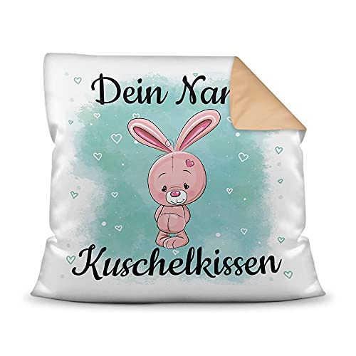 PR Print Royal Kissen mit Füllung für Kinder - Tiermotiv Hase - für Mädchen und Jungs - mit Wunschname beschriften - Hase - Farbkissen Rückseite Beige, 40 x 40 cm von PR Print Royal