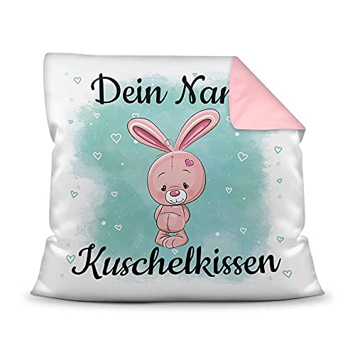 PR Print Royal Kissen mit Füllung für Kinder - Tiermotiv Hase - für Mädchen und Jungs - mit Wunschname beschriften - Hase - Farbkissen Rückseite Rosa, 40 x 40 cm von PR Print Royal