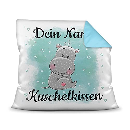 PR Print Royal Kissen mit Füllung für Kinder - Tiermotiv Nilpferd - für Mädchen und Jungs - mit Wunschname beschriften - Nilpferd - Farbkissen Rückseite Hellblau, 40 x 40 cm von PR Print Royal