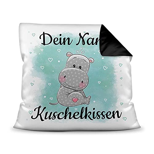 PR Print Royal Kissen mit Füllung für Kinder - Tiermotiv Nilpferd - für Mädchen und Jungs - mit Wunschname beschriften - Nilpferd - Farbkissen Rückseite Schwarz, 40 x 40 cm von PR Print Royal