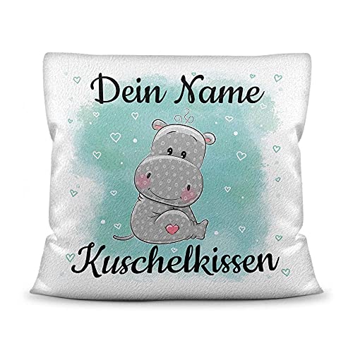 PR Print Royal Kissen mit Füllung für Kinder - Tiermotiv Nilpferd - für Mädchen und Jungs - mit Wunschname beschriften - Nilpferd - Kissen Polyester - Weiß flauschig, 40 x 40 cm von PR Print Royal