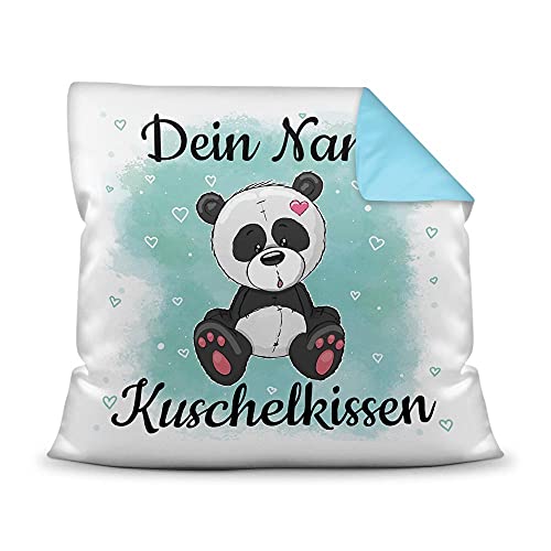 PR Print Royal Kissen mit Füllung für Kinder - Tiermotiv Panda - für Mädchen und Jungs - mit Wunschname beschriften - Panda - Farbkissen Rückseite Hellblau, 40 x 40 cm von PR Print Royal