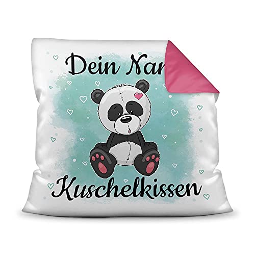 PR Print Royal Kissen mit Füllung für Kinder - Tiermotiv Panda - für Mädchen und Jungs - mit Wunschname beschriften - Panda - Farbkissen Rückseite Pink, 40 x 40 cm von PR Print Royal