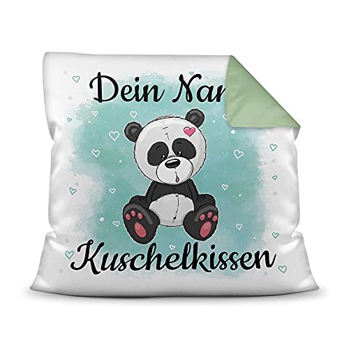 PR Print Royal Kissen mit Füllung für Kinder - Tiermotiv Panda - für Mädchen und Jungs - mit Wunschname beschriften - Panda - Farbkissen Rückseite Seegrün, 40 x 40 cm von PR Print Royal