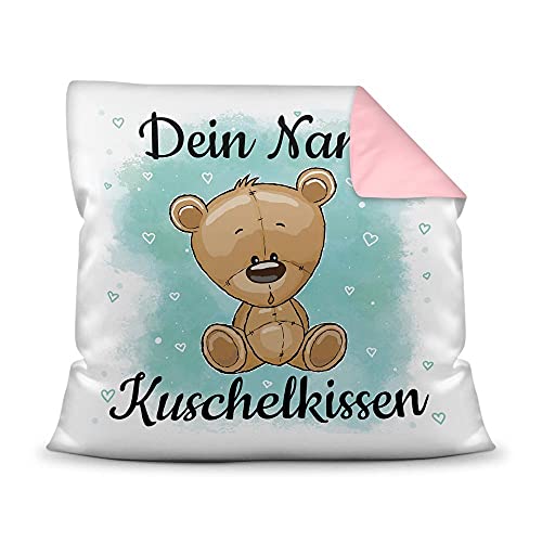 PR Print Royal Kissen mit Füllung für Kinder - Tiermotiv Teddy - für Mädchen und Jungs - mit Wunschname beschriften - Teddy braun - Farbkissen Rückseite Rosa, 40 x 40 cm von PR Print Royal