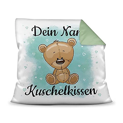 PR Print Royal Kissen mit Füllung für Kinder - Tiermotiv Teddy - für Mädchen und Jungs - mit Wunschname beschriften - Teddy braun - Farbkissen Rückseite Seegrün, 40 x 40 cm von PR Print Royal