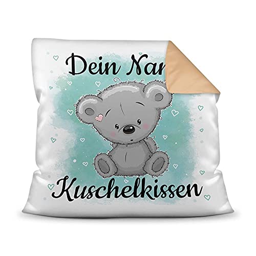 PR Print Royal Kissen mit Füllung für Kinder - Tiermotiv Teddy - für Mädchen und Jungs - mit Wunschname beschriften - Teddy grau - Farbkissen Rückseite Beige, 40 x 40 cm von PR Print Royal