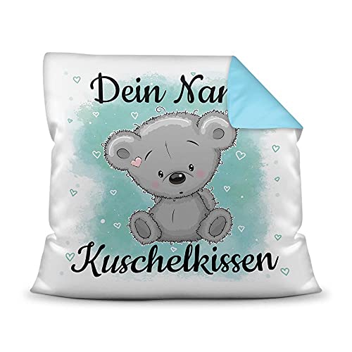 PR Print Royal Kissen mit Füllung für Kinder - Tiermotiv Teddy - für Mädchen und Jungs - mit Wunschname beschriften - Teddy grau - Farbkissen Rückseite Hellblau, 40 x 40 cm von PR Print Royal