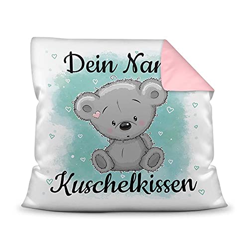 PR Print Royal Kissen mit Füllung für Kinder - Tiermotiv Teddy - für Mädchen und Jungs - mit Wunschname beschriften - Teddy grau - Farbkissen Rückseite Rosa, 40 x 40 cm von PR Print Royal