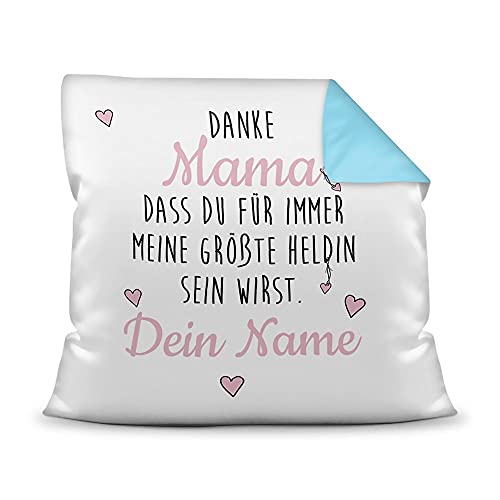 PR Print Royal Kissen mit Füllung und Spruch - Helden - mit Wunschdatum und Wunschnamen selbst gestalten - Danke Mama - Zum Muttertag - Farbkissen Rückseite Hellblau, 40 x 40 cm von PR Print Royal