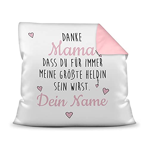 PR Print Royal Kissen mit Füllung und Spruch - Helden - mit Wunschdatum und Wunschnamen selbst gestalten - Danke Mama - Zum Muttertag - Farbkissen Rückseite Rosa, 40 x 40 cm von PR Print Royal