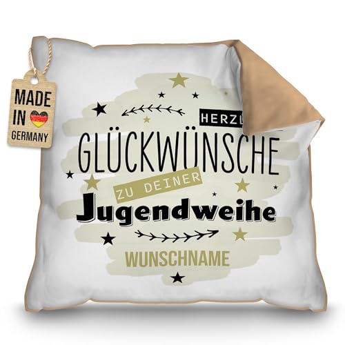PR Print Royal Kissen mit Namen selbst gestalten - Herzliche Glückwünsche - Personalisiertes Geschenk zur Jugendweihe, inkl. Füllung, 40 x 40 cm, Rückseite Mokka PR Print Royal Kissen mit Namen selbst gestalten - Herzliche Glückwünsche - Personalisiertes Geschenk zur Jugendweihe, inkl. Füllung, 40 x 40 cm, Rückseite Mokka von PR Print Royal