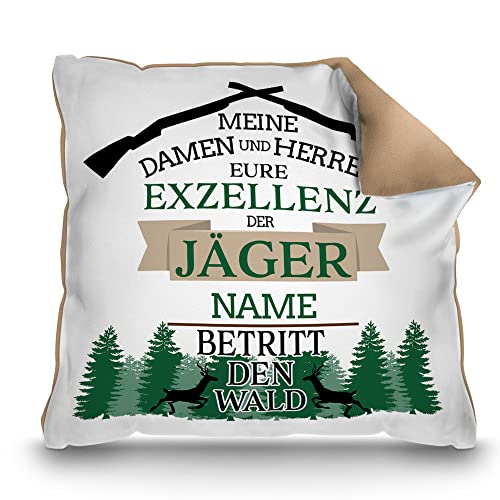 PR Print Royal Kissen mit Namen selbst gestalten - mit Spruch - Eure Exzellenz der Jäger - Geschenk Jagd, Jäger, Waidmann | Rückseite Mokka, inkl. Kissenfüllung, 40 x 40 cm von PR Print Royal