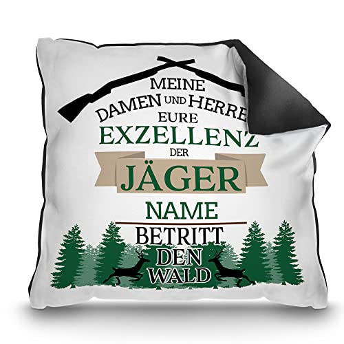 PR Print Royal Kissen mit Namen selbst gestalten - mit Spruch - Eure Exzellenz der Jäger - Geschenk Jagd, Jäger, Waidmann | Rückseite Schwarz, inkl. Kissenfüllung, 40 x 40 cm von PR Print Royal