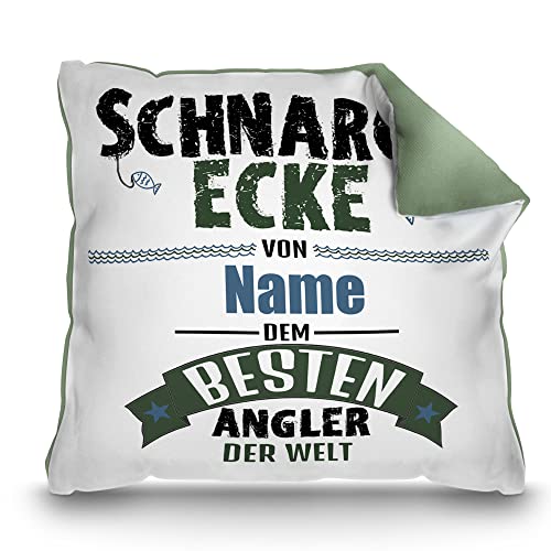 PR Print Royal Kissen mit Namen selbst gestalten - mit Spruch - Schnarch-Ecke vom besten Angler - Geschenk für Angler, Fischer und Fans vom Angelsport | Rückseite Grün, inkl. Kissenfüllung, 40 x 40 cm von PR Print Royal