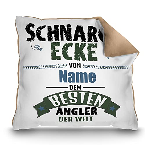 PR Print Royal Kissen mit Namen selbst gestalten - mit Spruch - Schnarch-Ecke vom besten Angler - Geschenk für Angler, Fischer und Fans vom Angelsport | Rückseite Mokka, mit Kissenfüllung, 40 x 40 cm von PR Print Royal