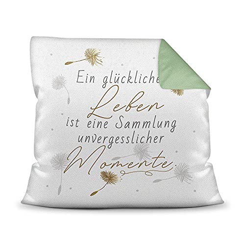 PR Print Royal Kissen mit Spruch - EIN glückliches Leben unvergesslicher Momente - Statement Deko-Kissen, Geschenk für Familie und Freunde - Rückseite Grün, 40x40 cm, inkl. Füllung von PR Print Royal