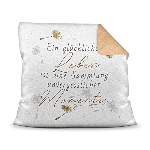 PR Print Royal Kissen mit Spruch - EIN glückliches Leben unvergesslicher Momente - Statement Deko-Kissen, Geschenk für Familie und Freunde - Rückseite Mokka, 40x40 cm, inkl. Füllung von PR Print Royal