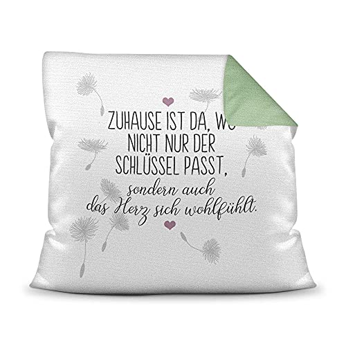 PR Print Royal Kissen mit Spruch - Zuhause ist da, wo das Herz Sich wohlfühlt - Statement Deko-Kissen, Geschenk für Familie und Freunde - Rückseite Grün, 40x40 cm, inkl. Füllung von PR Print Royal