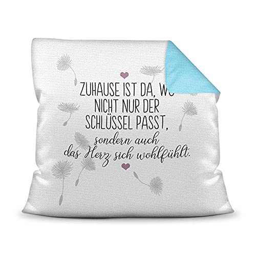 PR Print Royal Kissen mit Spruch - Zuhause ist da, wo das Herz Sich wohlfühlt - Statement Deko-Kissen, Geschenk für Familie und Freunde - Rückseite Hellblau, 40x40 cm, inkl. Füllung von PR Print Royal