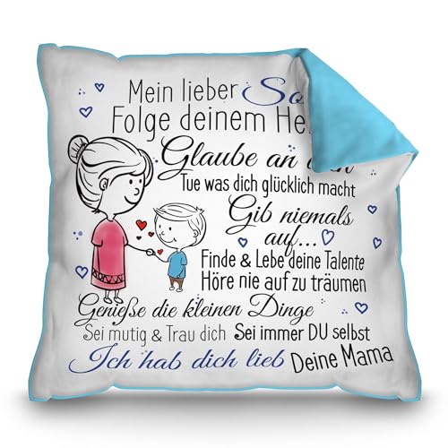 PR Print Royal Kissen mit Spruch inkl. Füllung für Kinder - von Mama für den Sohn - Geschenke für Sohn von Mutter, Sohn Geschenk, Kindergeschenke, Rückseite Hellblau, 40x40cm von PR Print Royal