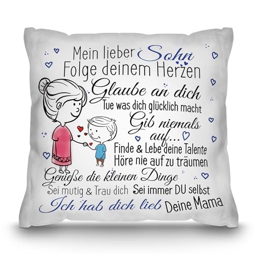 PR Print Royal Kissen mit Spruch inkl. Füllung für Kinder - von Mama für den Sohn - Geschenke für Sohn von Mutter, Sohn Geschenk, Kindergeschenke, Rückseite Weiß Polyester, 40x40cm von PR Print Royal