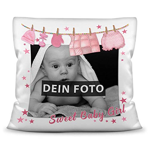 PR Print Royal Kissen mit eigenem Bild und Namen für das Baby - Mädchen/Foto-Collage als Geschenkidee/Zier-Kissen/Deko-Kissen/Weiß inkl. Füllung von PR Print Royal